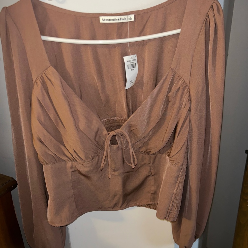 Abercrombie & Fitch Tie-Front Long Sleeve Blouse in Dusty Brown